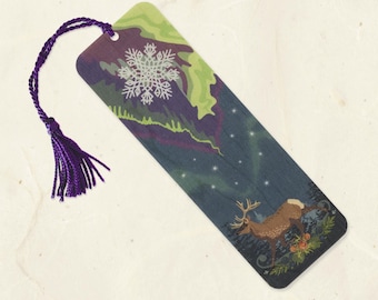 Aurora Borealis Reindeer Sustainable Wood Bookmark with Tassel