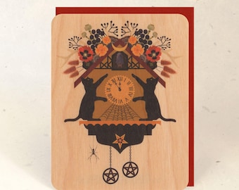 Black Cat Halloween Cuckoo Sustainable Wood Greeting Card