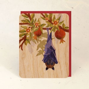 Fruit Bat & Pomegranate Sustainable Wood Greeting Card