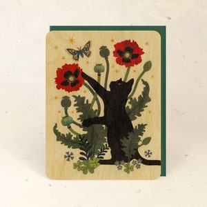 Black Cat and Poppies Sustainable Wood Greeting Card