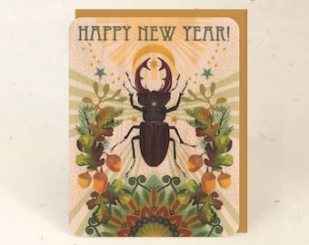 New Year Stag Beetle Sustainable Wood Greeting Card