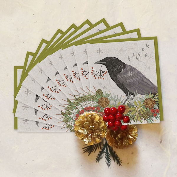Lot de 10 cartes recyclées Winter Crow des Fêtes