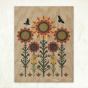Sunflowers and Crows Sustainable Wood Print