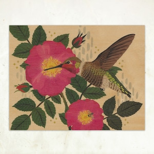 Hummingbird and Wild Rose Sustainable Wood Print