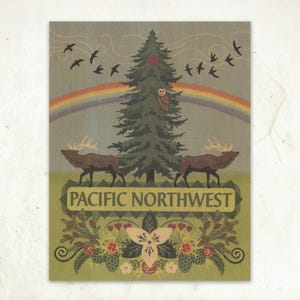 May include: A vintage-style illustration of a green evergreen tree with a red heart, a rainbow, two elk, and the text "PACIFIC NORTHWEST". The illustration is surrounded by a border of green leaves and flowers.
