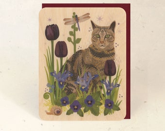 Tabby Cat and Dragonfly Sustainable Wood Greeting Card