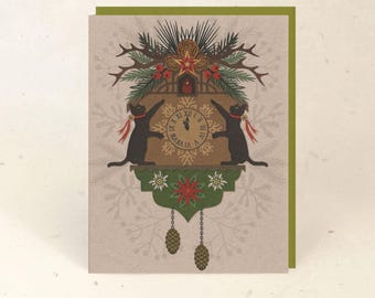Black Cat Cuckoo Clock Holiday Recycled Paper Card