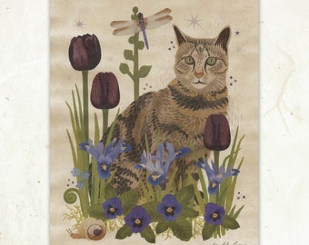 Tabby Cat & Dragonfly Sustainable Wood Print