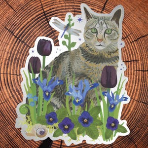 Tabby Cat & Dragonfly matzilveren pvc-vrije sticker
