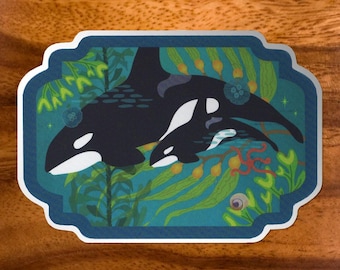 Orca and Baby Matte Silver PVC-Free Sticker