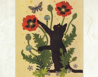 Black Cat & Poppies Sustainable Wood Print