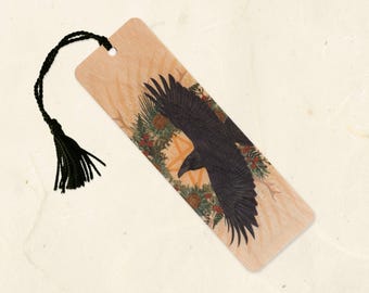 Raven Wreath Sustainable Wood Bookmark with Tassel