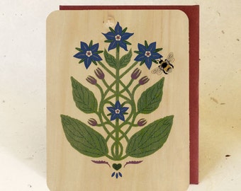 Borage & Bumble Bee Sustainable Wood Greeting Card