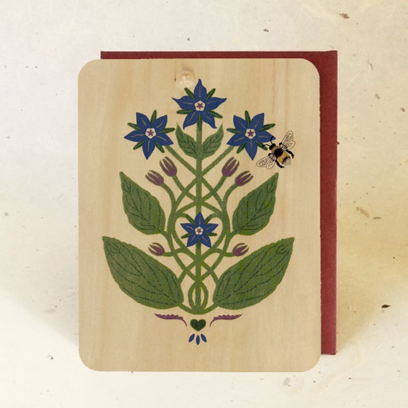Borage /& Bumble Bee Sustainable Wood Greeting Card