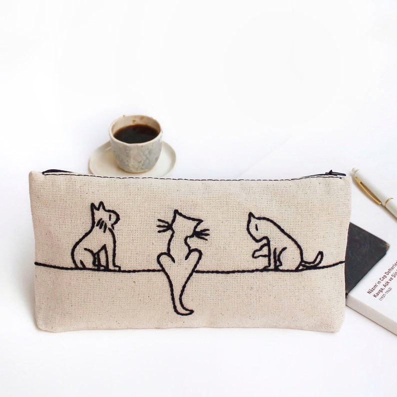 cat family pencil pouch , Make up Bag , pencil case , hand embroidered pouch , cat lover zipper pouch , holiday gift , gift for friend image 1
