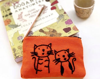 Cats coin purse orange pouch - hand embroidery on fabric pouch / zipper pouch / handmade purse / gift for birthday / change purse