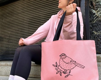 pink tote bag , bird , hand embroidery bag , grocery bag , linen bag , ecofriendly bag ,  handmade , women bag , mom gift , mother day gift