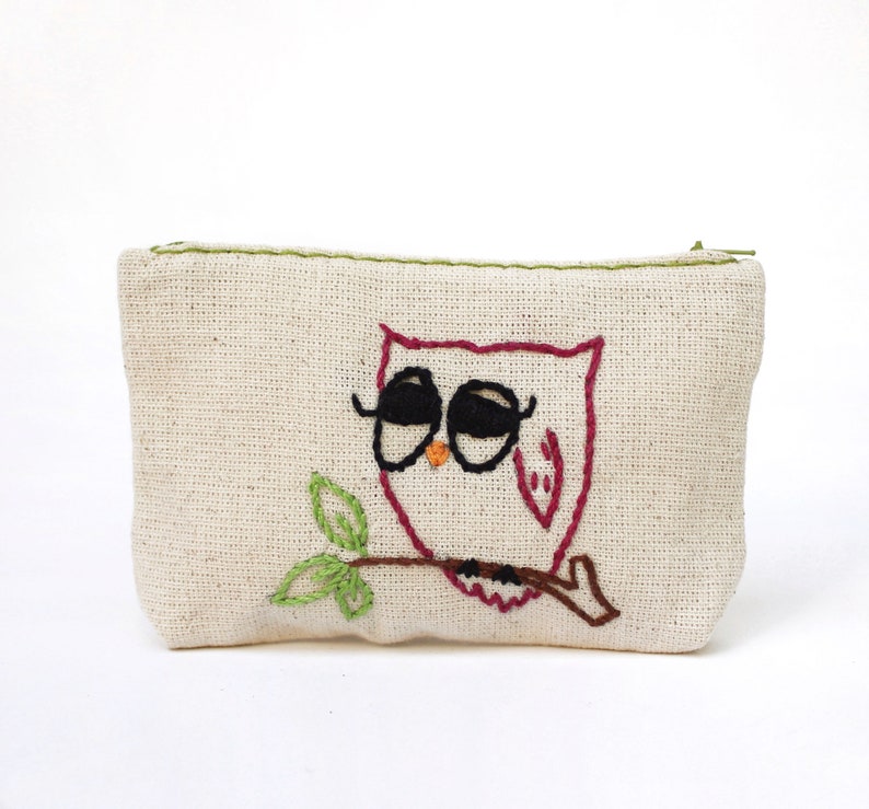 owl coin purse embroidered pouch hand embroidery on linen coin pouch fabric wallet handmade bag gift for birthday image 1