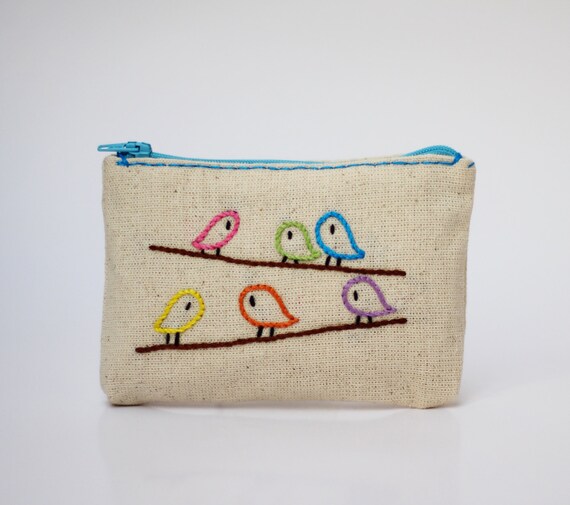 Items similar to birds coin purse hand embroidery on linen zipper