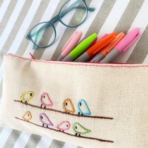 birds pencil pouch , eco friendly pencil case , hand embroidery on linen , cosmetic bag , travel bag , makeup bag , back to school image 1