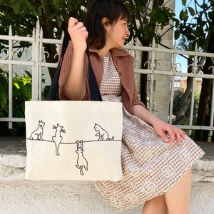 tote bag alley cats , shoulder bag , minimalist line drawing , embroidery bag , reusable bags handmade , cat bag , gift for her , eco bag image 1