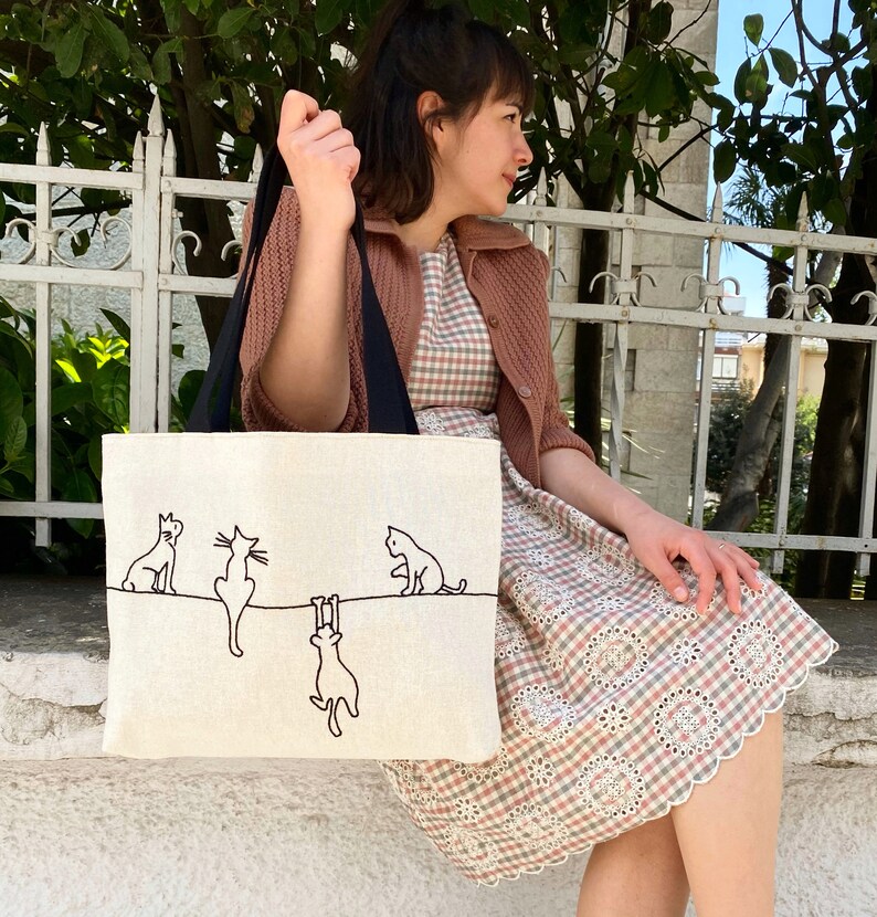 tote bag alley cats , shoulder bag , minimalist line drawing , embroidery bag , reusable bags handmade , cat bag , gift for her , eco bag image 1