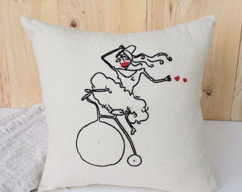 pillow cases , ottoman girl & bicycle embroidered pillow cover 16" x 16" , hand embroidered pillow shams , home decor , housewarming gift