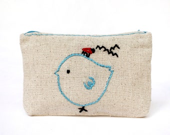 coin pouch big bird & home - hand embroidery on linen - coin pouch - zipper pouch - fabric wallet - gift for birthday - gift for christmas