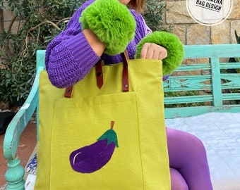 Tote bag leather straps eggplant hand embroidery bag , Handbag , shoulder bag , Large tote bag , handmade fabric bag , gift for women