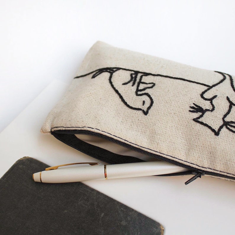 cat family pencil pouch , Make up Bag , pencil case , hand embroidered pouch , cat lover zipper pouch , holiday gift , gift for friend image 3