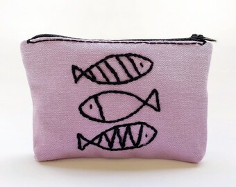 fish pouch  - purple / lavender color fabric  -  hand embroidery on linen - coin pouch - zipper pouch - gift for her