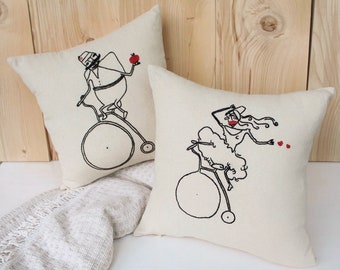 pillow cases 2 in 1 , ottoman biker girl & biker sultan pillow cover 16" x 16" , hand embroidered pillow , home decor , housewarming gift