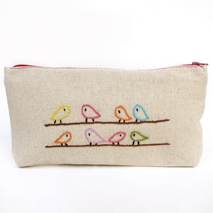 birds pencil pouch , eco friendly pencil case , hand embroidery on linen , cosmetic bag , travel bag , makeup bag , back to school image 3