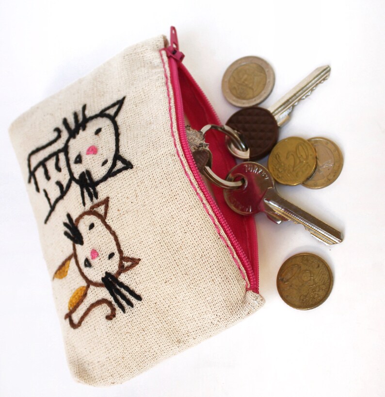 Cats Coin Purse Hand Embroidery on Linen Fabric Zipper Pouch Gift for