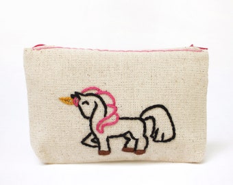 unicorn zipper pouch - hand embroidery on linen - fabric pouch - change purse - gift for her - gift for birthday