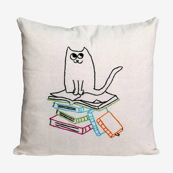 Items similar to Pillow cat and books embroidered pillow cover
