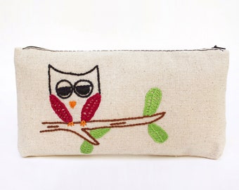 pencil pouch purple owl , travel bag , Make up Bag , pencil case , hand embroidered purse , cosmetic bag , pencil case ,  back to school