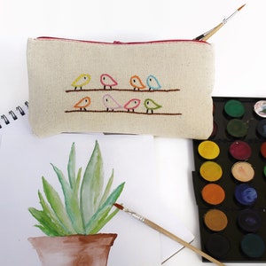 birds pencil pouch , eco friendly pencil case , hand embroidery on linen , cosmetic bag , travel bag , makeup bag , back to school image 2