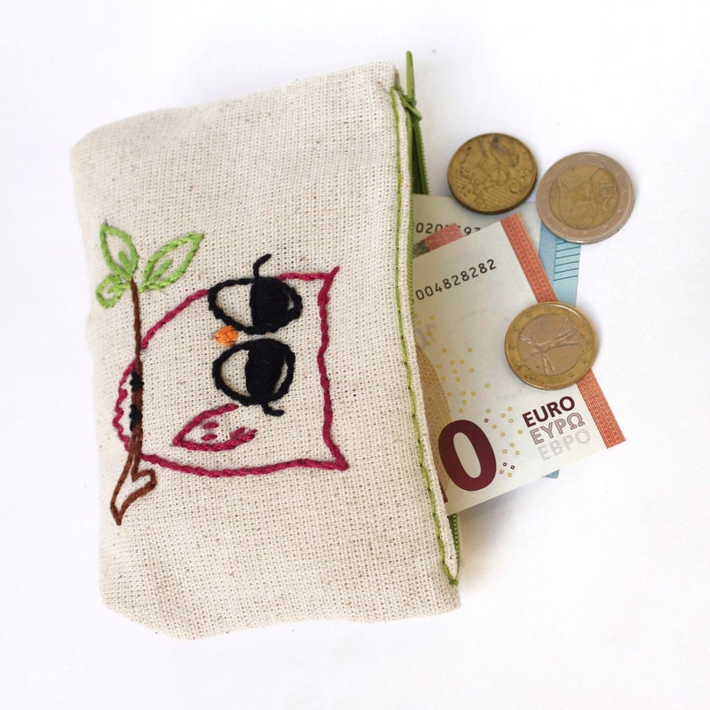 owl coin purse embroidered pouch hand embroidery on linen coin pouch fabric wallet handmade bag gift for birthday image 2