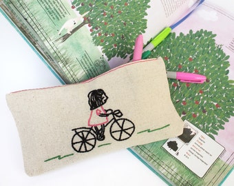 Pencil pouch / Bicycle and girl makeup bag  / hand embroidery on linen / cosmetic bag / pencil case / make up bag /  makeup pouch