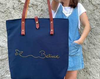 shoulder bags navy blue hand embroidery believe fabric black leather tote bag , Handbag, Fashion Bag , shopping bag , handmade bag