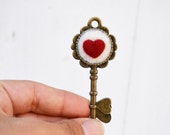 Key pendant with wool felt heart, love necklace, engagement charm, unchain my heart key, romantic steampunk detail for unconventional girls