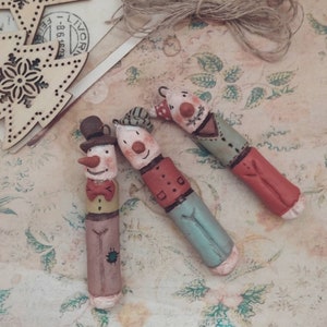 Three snow men, Christmas ball dolls for the Christmas tree, they are characters to hang to decorate or for Xmas gifting. OOAK stick dolls image 1