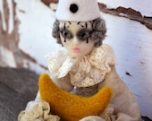 Pierrot art doll with the moon, needle felted circus marionette, ooak poseable puppet, whimsical carnival doll, vintage style romantic doll