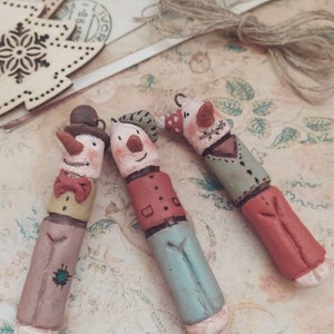 Three snow men, Christmas ball dolls for the Christmas tree, they are characters to hang to decorate or for Xmas gifting. OOAK stick dolls image 6