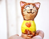 Happy Cat Molly, farmhouse smiling cat figurine mixed media yellow with a red heart, lovely kitten for cat lovers, Easter unique gift