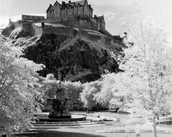 Edinburgh Castle // Scotland // Gardens // Fountain // Fine Art Print // Black and White Photograph // Wall Art // Decor