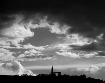 Edinburgh // Scotland // Calton Hill // Monument // Fine Art Print // Black and White Photograph // Wall Art // Decor // Clouds