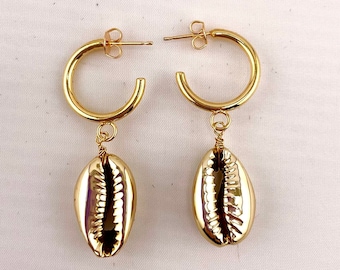 Sparkling Gold Earrings, Gold Cowrie Shell Earrings. Hoop Earrings, Gift for Her
