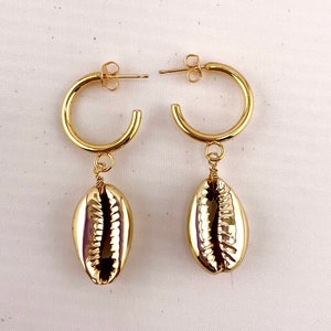 Sparkling Gold Earrings, Gold Cowrie Shell Earrings. Hoop Earrings, Gift for Her